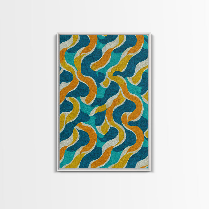 Wavy Teal Gold Ribbon Abstract Wall Art, Mid Century Modern Canvas Print, Retro Geometric Pattern Bedroom Living Room Decor