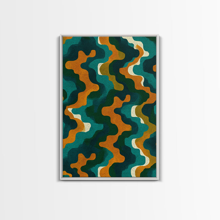 Organic Teal Orange Wave Abstract Wall Art, Mid Century Modern Canvas Print, Retro Groovy Funky Pattern Living Room Decor
