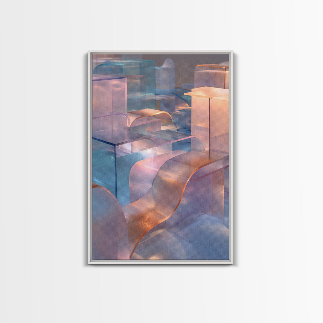 Pastel Glass City Blocks, Canvas Print, Modern Abstract Art, Architectural Wall Decor, Soft Blue Pink Home Office Artwork