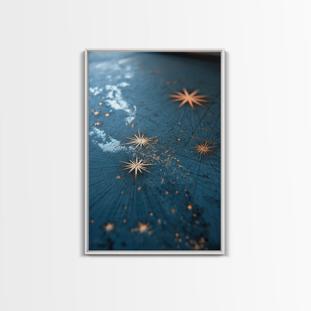 Gold Starburst Night Sky Wall Art, Blue Celestial Abstract Print, Midcentury Modern Decor, Bedroom And Living Room Decor