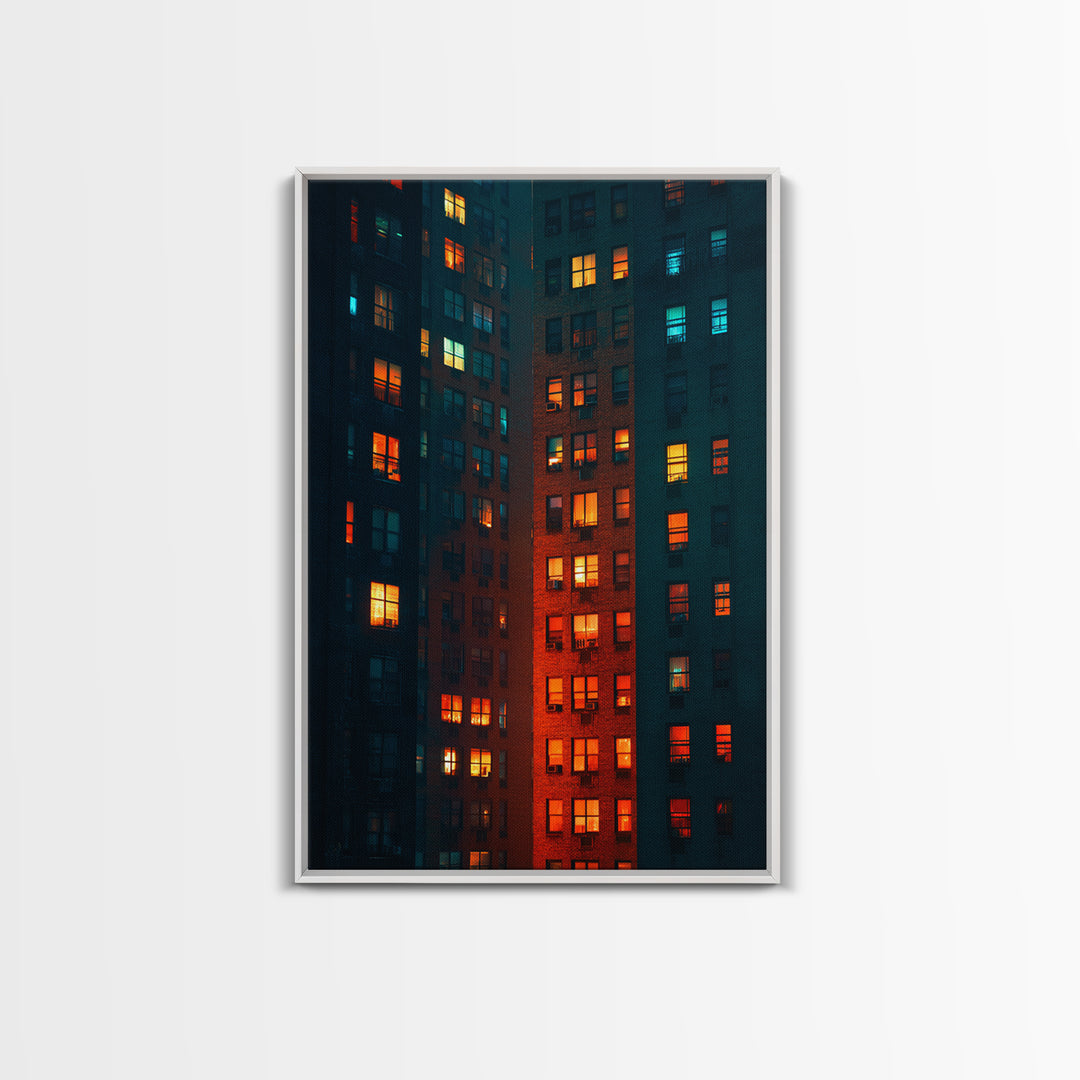 Glowing Apartment Windows Wall Art, Urban Night Photography Print, Modern Wall Decor, Cityscape Poster For Loft Living Room