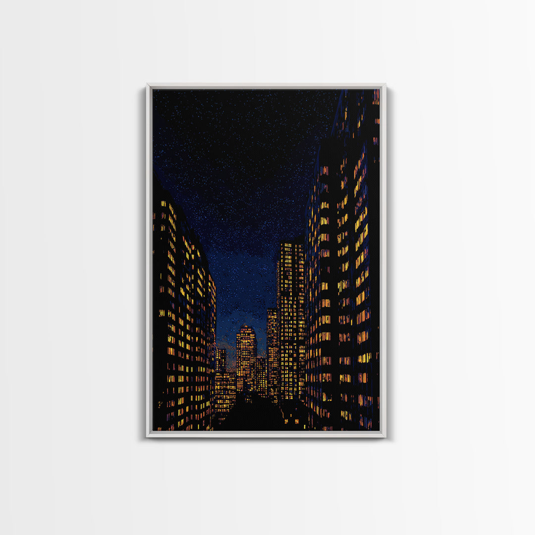 Starry City Street Canvas Print, Night Skyline Between Tall Buildings, Modern Wall Art Decor, Urban Poster For Home Office