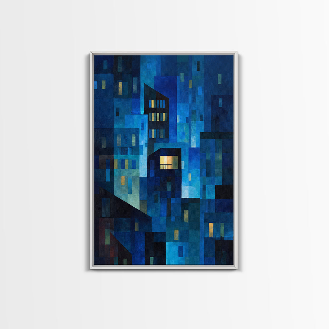 Abstract Blue City Blocks Wall Art, Geometric Night Buildings Print, Midcentury Modern Decor, Contemporary Living Room Art