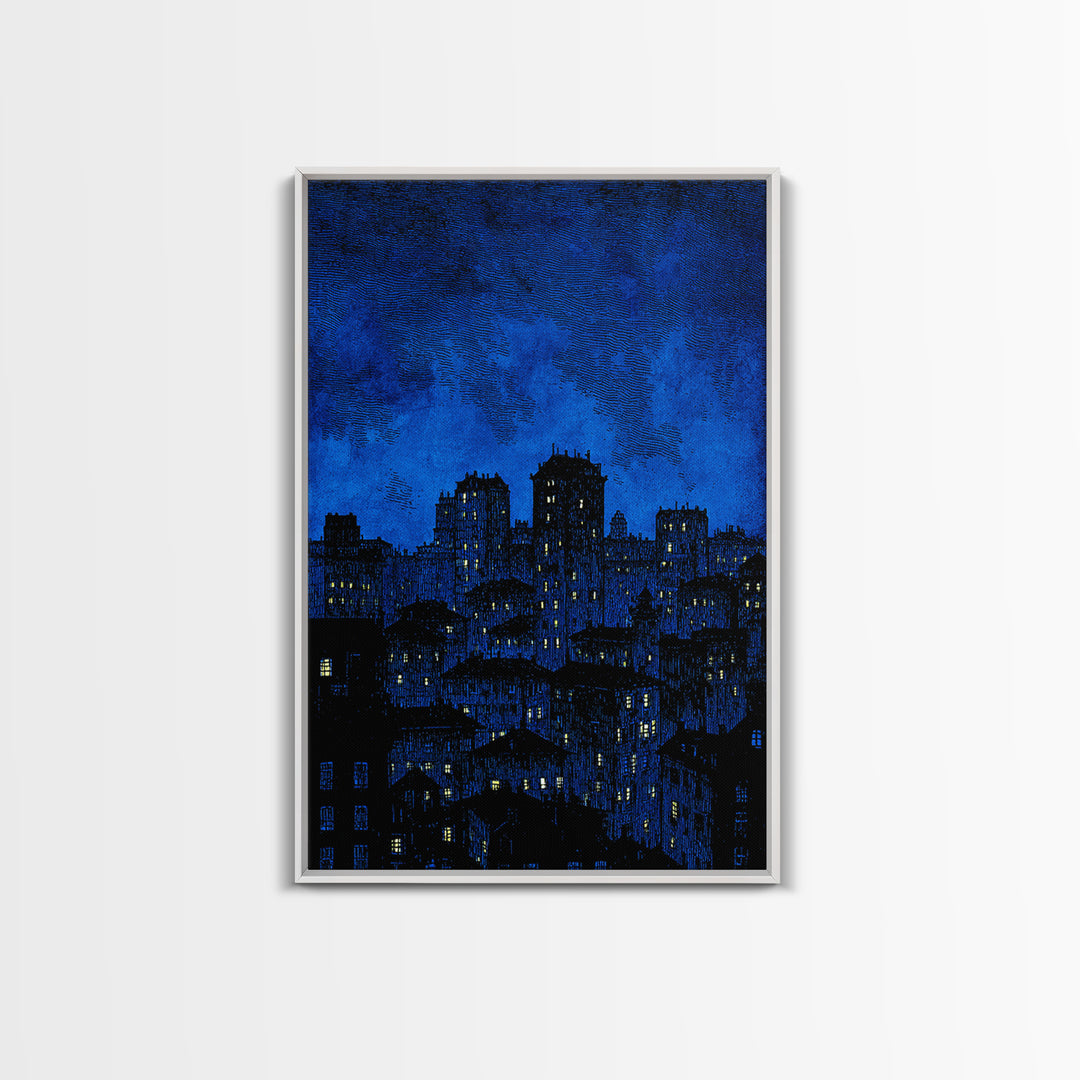 Indigo Linocut Cityscape Canvas Print, Night Skyline Wall Art, Blue Modern Art Print, Urban Home Office Decor Poster Gift