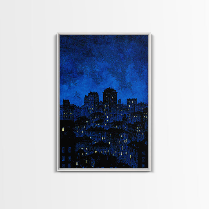 Indigo Linocut Cityscape Canvas Print, Night Skyline Wall Art, Blue Modern Art Print, Urban Home Office Decor Poster Gift