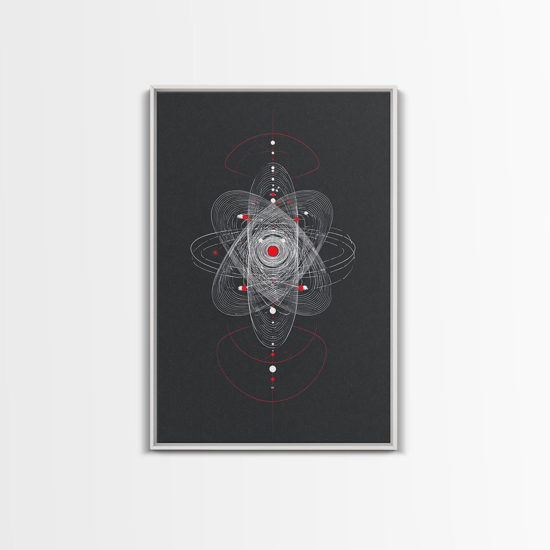 Atomic Orbit Geometry Wall Art, Red White Abstract Line Print, Midcentury Modern Decor, Space Sci Fi Poster For Office Studio
