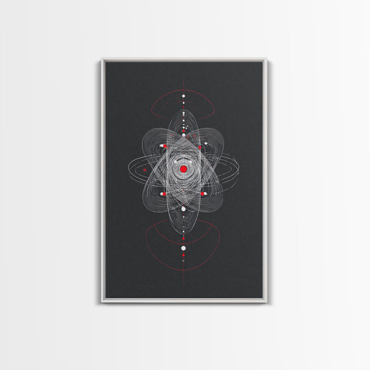 Atomic Orbit Geometry Wall Art, Red White Abstract Line Print, Midcentury Modern Decor, Space Sci Fi Poster For Office Studio