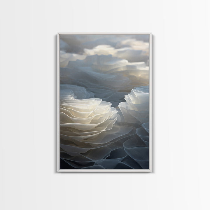 White Layered Petal Waves, Framed Canvas Print, Minimalist Wall Art, Neutral Abstract Decor, Soft Botanical Modern Artwork