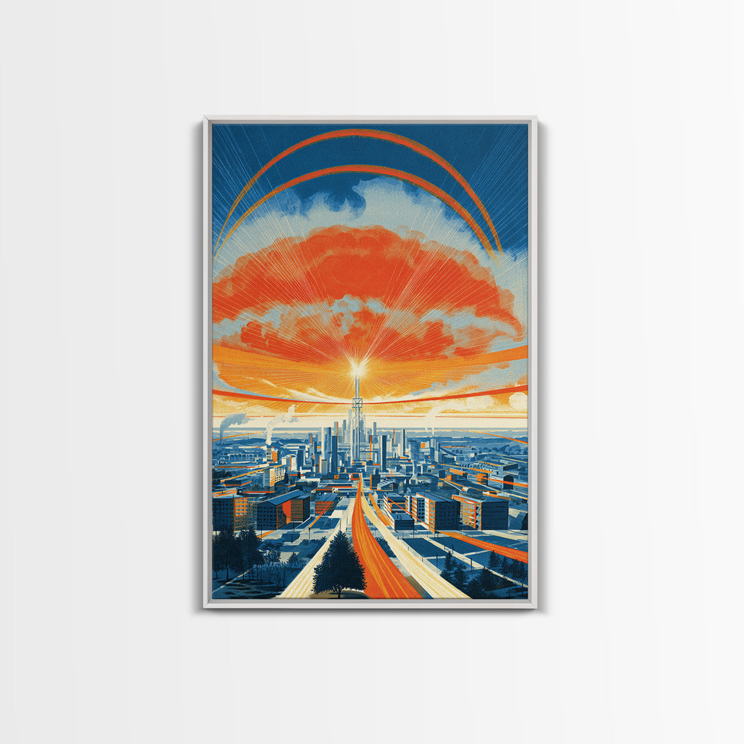 Retro Futurist City Sunset Wall Art, Orange Blue Midcentury Modern Poster, Architectural Art, Travel Wall Decor, Large Print
