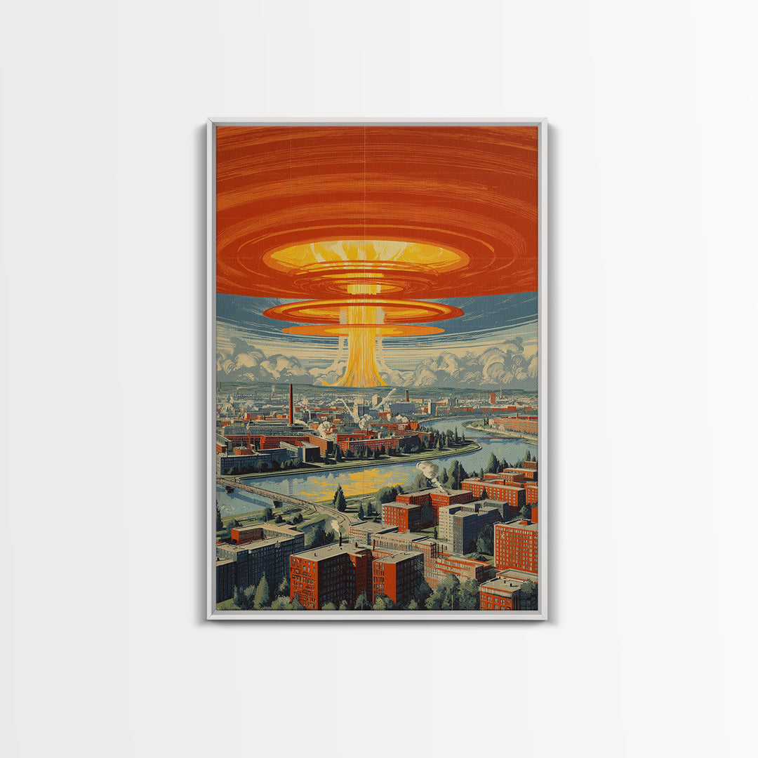 Retro Futuristic City With Orange Saucer Beam, Canvas Print, Mid Century Modern Wall Art, Sci Fi Poster, Atomic MCM Decor
