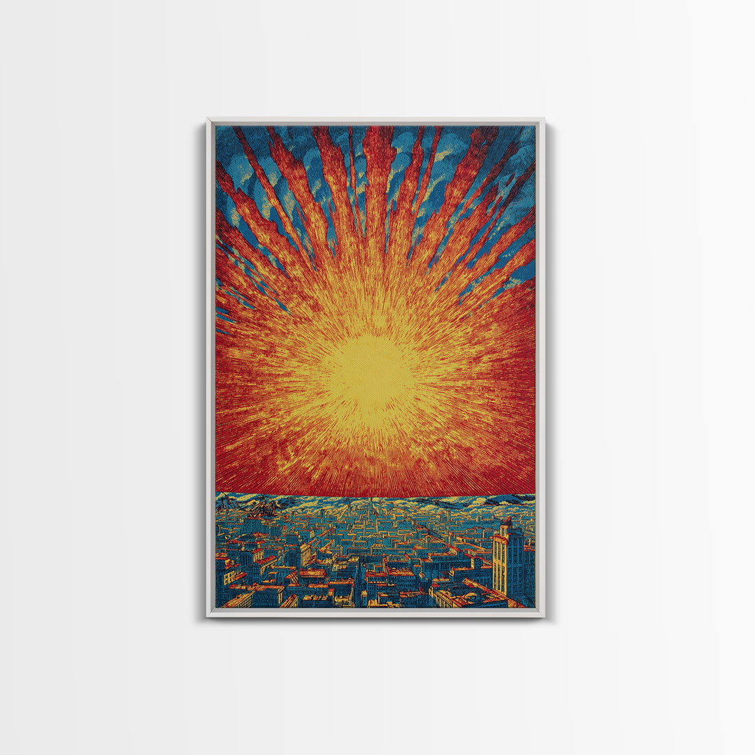 Fiery Solar Burst Over City Skyline, Wall Art, Mid Century Modern Art Print, Retro Sci Fi Poster, Atomic Orange Home Decor