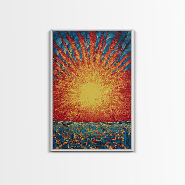 Fiery Solar Burst Over City Skyline, Wall Art, Mid Century Modern Art Print, Retro Sci Fi Poster, Atomic Orange Home Decor