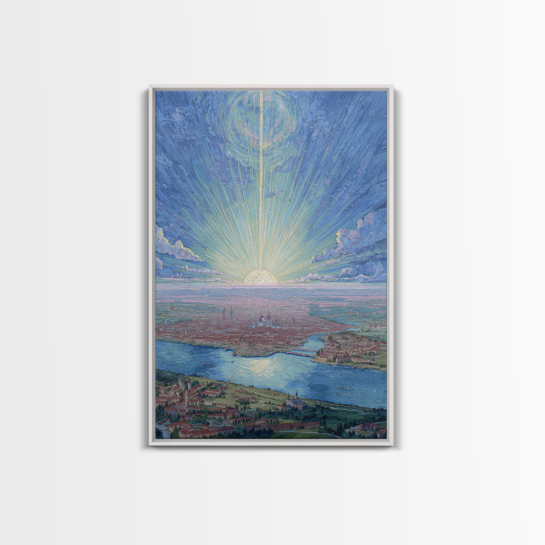 Pastel Sunrise Over Historic Waterfront City, Framed Canvas Print, Modern Wall Art, Scenic Travel Poster, Blue Home Decor