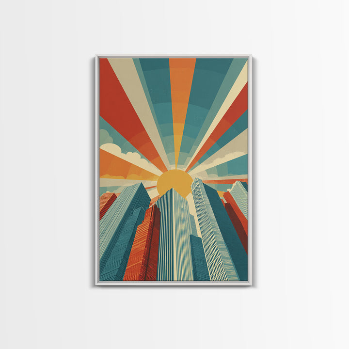 Low Angle Skyscrapers With Radiant Sun, Canvas Print, Mid Century Modern Wall Art, Geometric Poster, Retro Office Decor Print