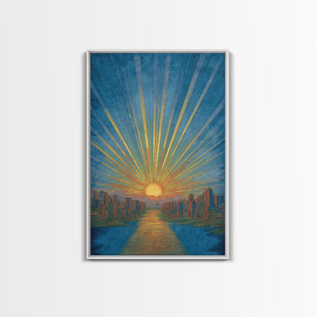 Blue River Sunset Over Modern City Skyline, Wall Art, Mid Century Modern Art Print, Retro Sun Poster, Teal Orange Decor