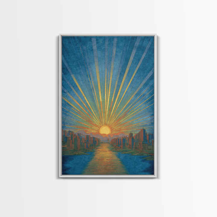 Blue River Sunset Over Modern City Skyline, Wall Art, Mid Century Modern Art Print, Retro Sun Poster, Teal Orange Decor