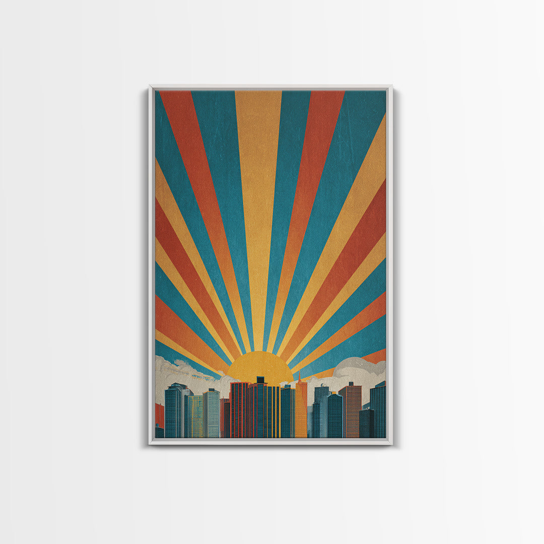 Bold Sunrise Behind Downtown Skyline, Canvas Print, Mid Century Modern Wall Art, Retro Geometric Poster, Teal Orange Decor