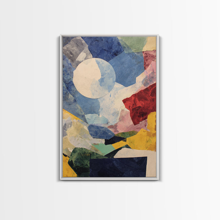 Moonlit Geometric Collage With Blue Red Yellow, Wall Art, Modern Abstract Art Print, Bauhaus Poster, Colorful Living Room Decor