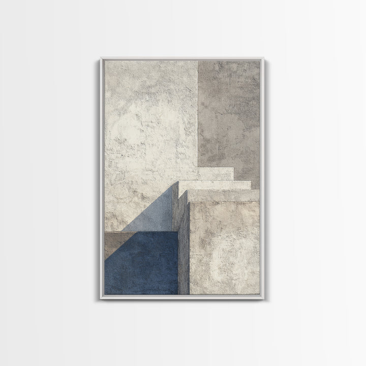 Minimal Concrete Stair Shadow Canvas Print, Modern Abstract Wall Art, Neutral Architectural Decor, Blue Beige Office Poster