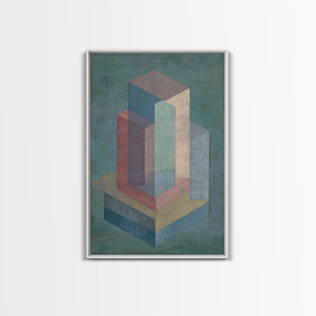 Teal Isometric Blocks Framed Canvas Print, Midcentury Modern Geometric Wall Art, Pastel Architecture Decor, MCM Artwork Print