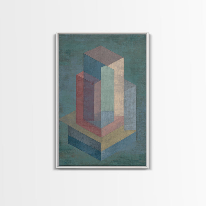 Teal Isometric Blocks Framed Canvas Print, Midcentury Modern Geometric Wall Art, Pastel Architecture Decor, MCM Artwork Print