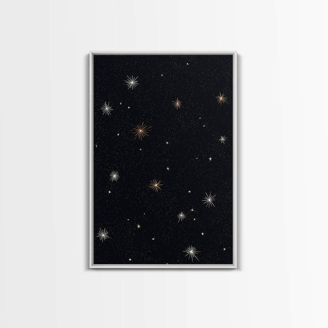 Black Night Sky Starburst Canvas Print, Gold White Celestial Wall Art, Retro Space Poster, Minimal Cosmic Modern Decor Print
