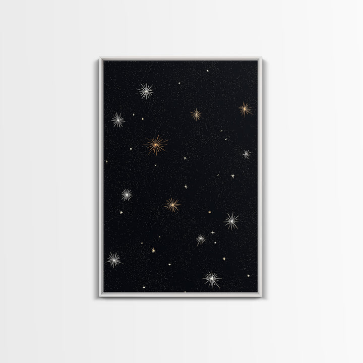 Black Night Sky Starburst Canvas Print, Gold White Celestial Wall Art, Retro Space Poster, Minimal Cosmic Modern Decor Print