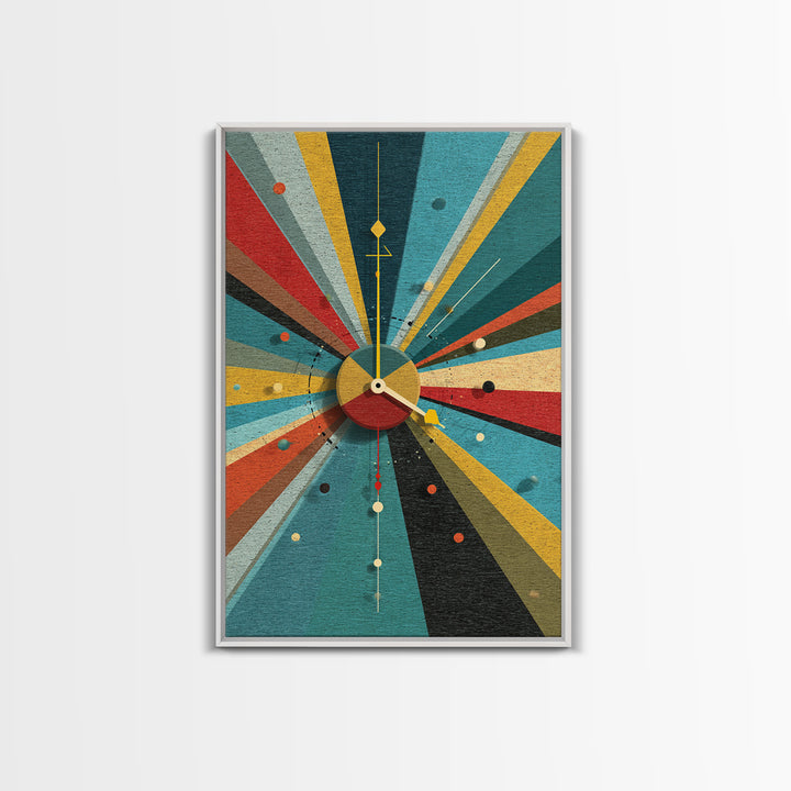 Textured Atomic Clock Sunburst Framed Canvas Print, Midcentury Modern Wall Art, Geometric MCM Poster For Living Room Decor