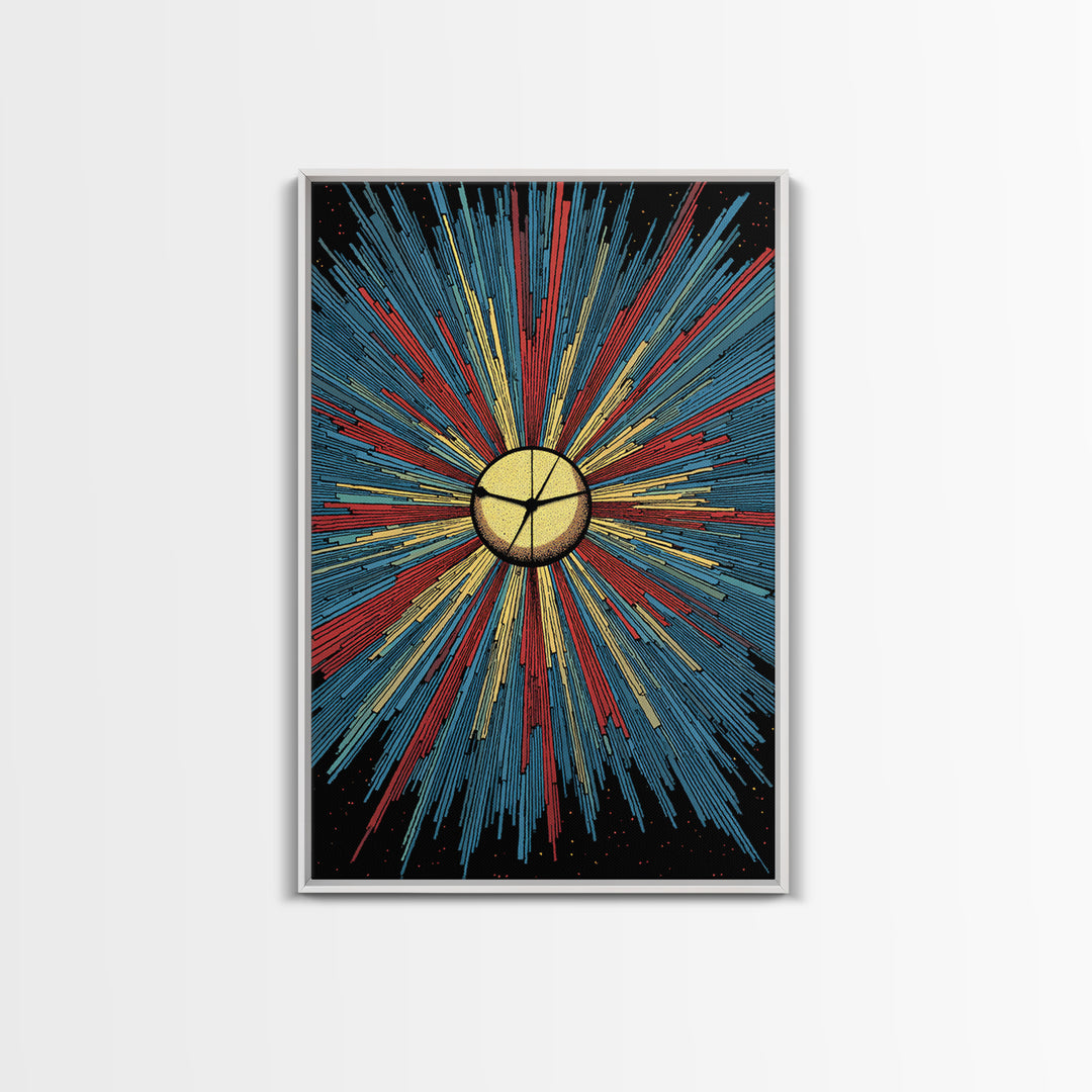 Bold Halftone Sunburst Clock Canvas Print, Retro Midcentury Wall Art, Atomic Space Poster, Colorful Modern Home Decor Gift
