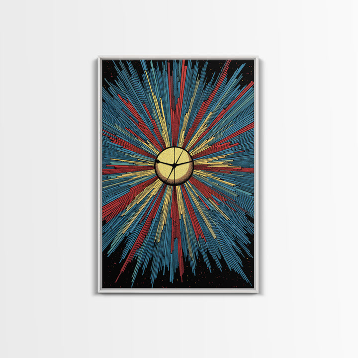 Bold Halftone Sunburst Clock Canvas Print, Retro Midcentury Wall Art, Atomic Space Poster, Colorful Modern Home Decor Gift