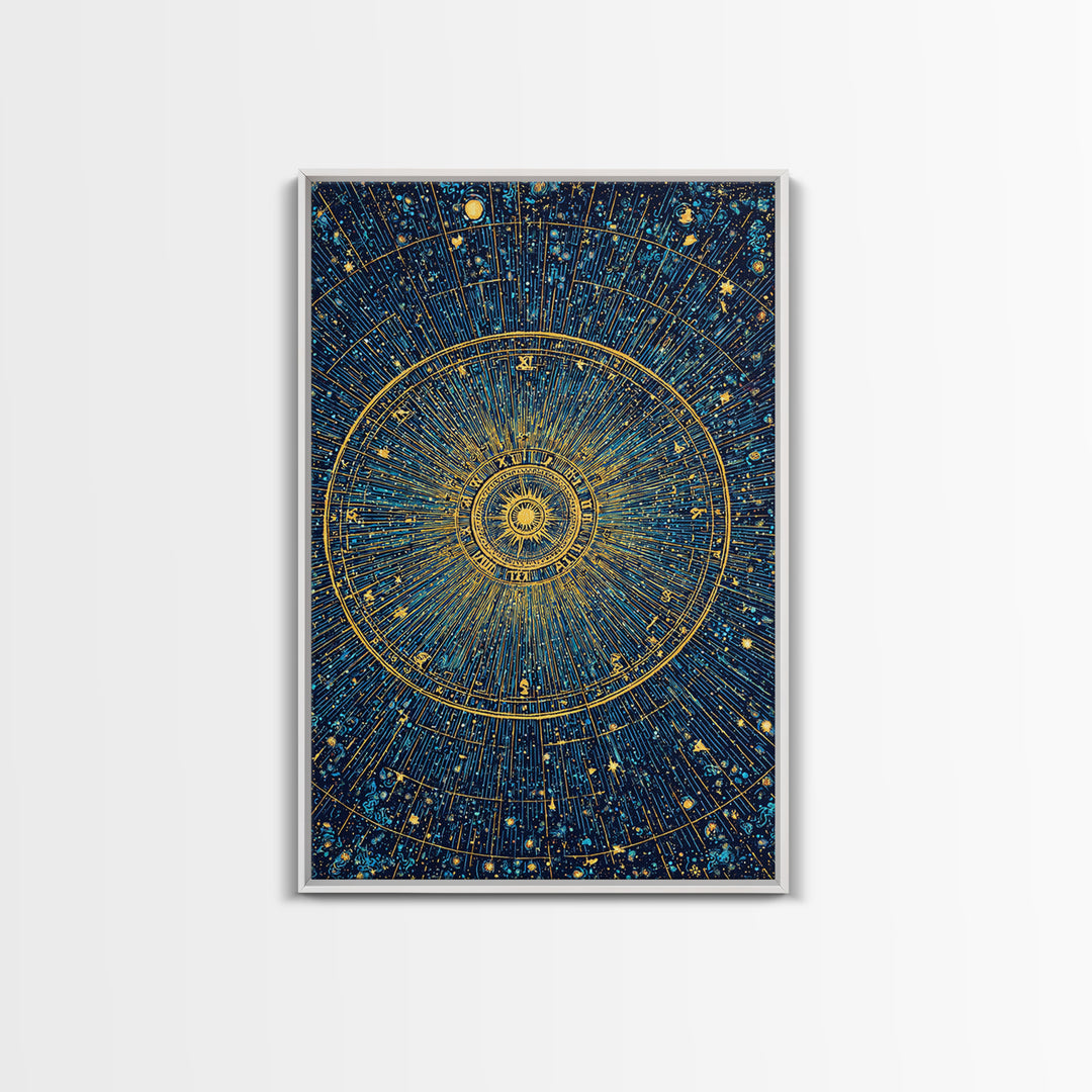 Gold Zodiac Star Chart Wall Art, Celestial Astronomy Poster, Cosmic Midcentury Modern Art Print, Navy Blue Home Decor Gift
