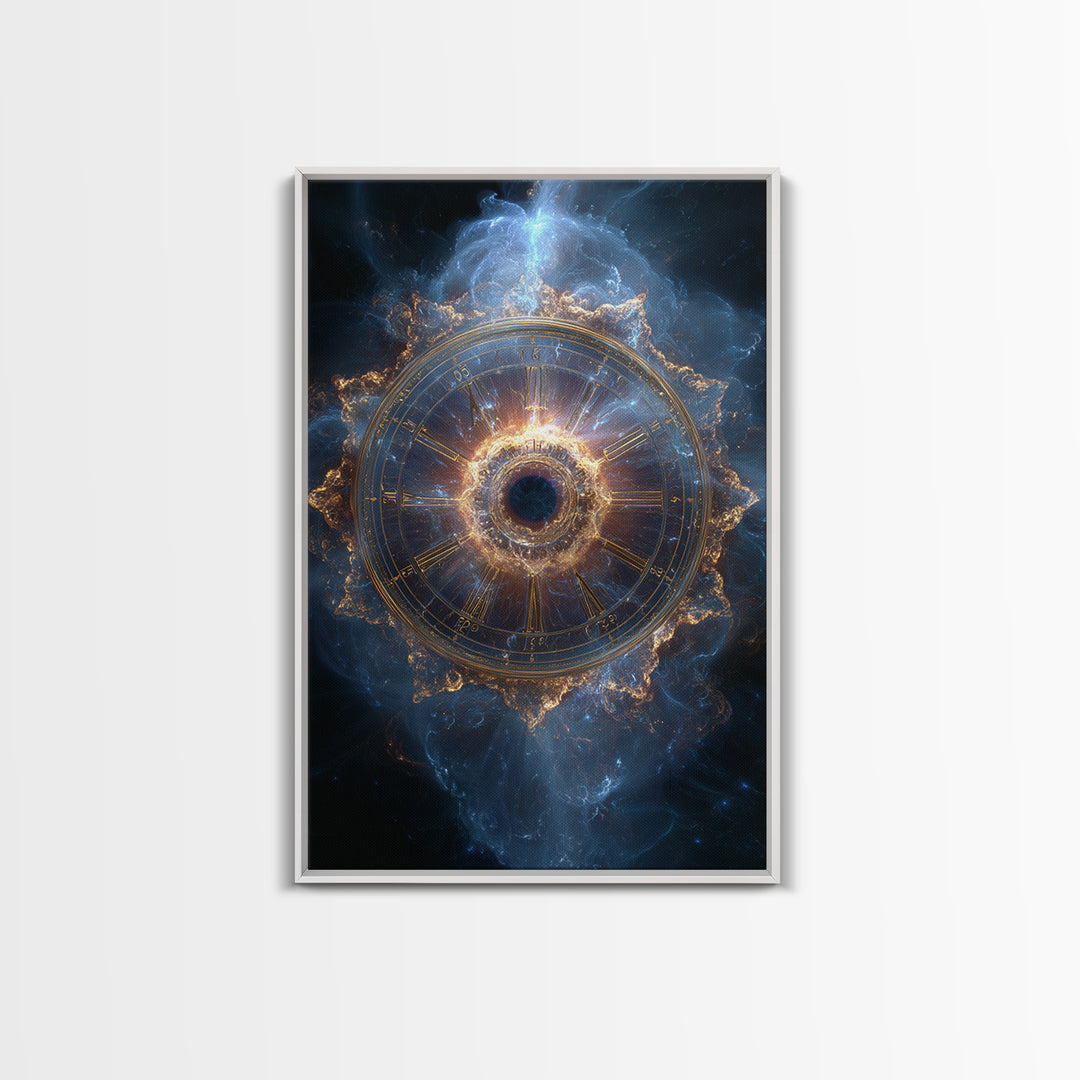 Glowing Cosmic Zodiac Clock Framed Canvas Print, Nebula Space Wall Art, Astrology Poster, Luxury Celestial Home Decor Gift