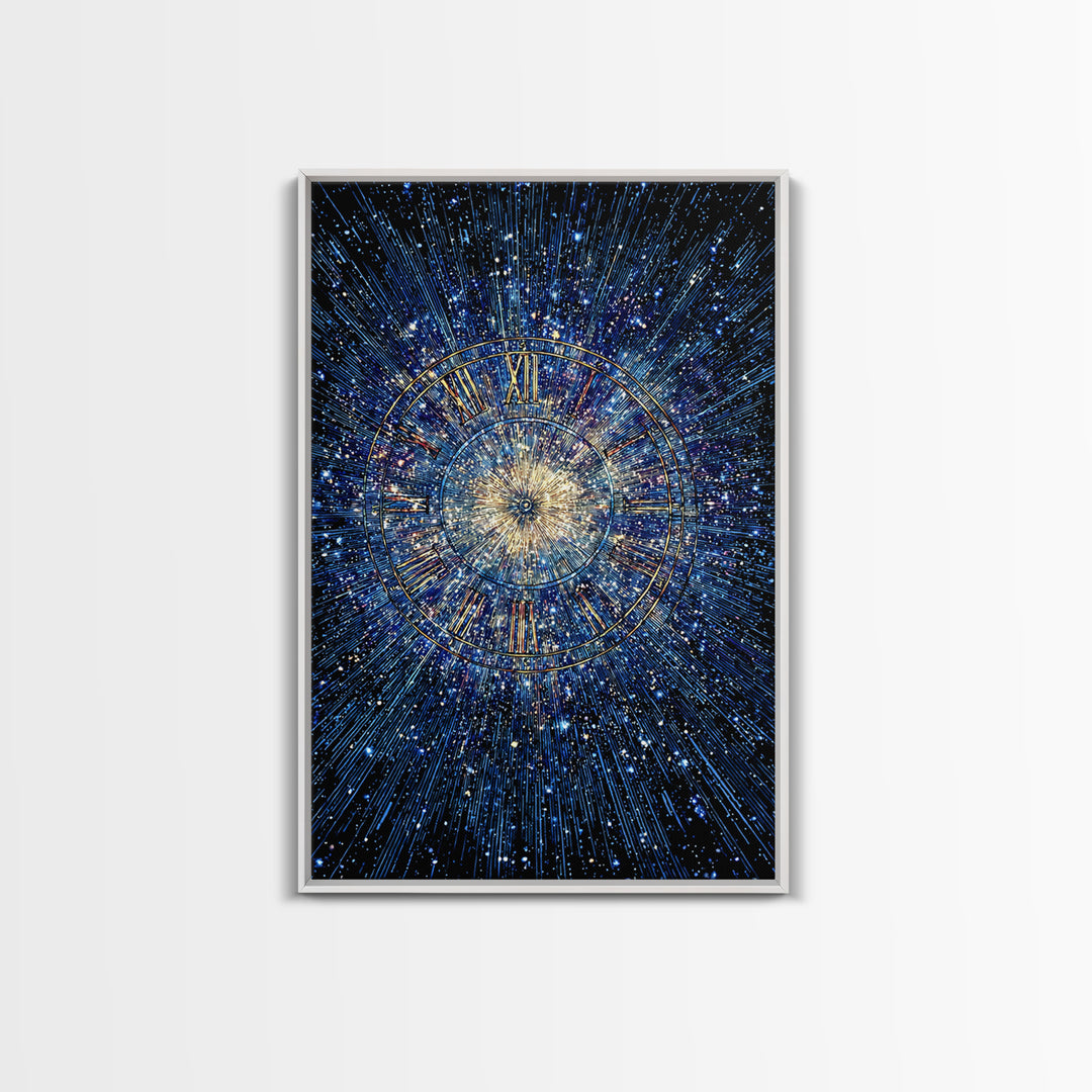 Blue Galaxy Roman Numeral Clock Canvas Print, Celestial Space Wall Art, Cosmic Starburst Poster, Modern Home Office Decor