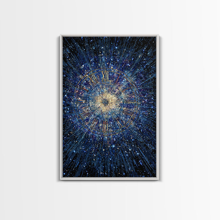 Blue Galaxy Roman Numeral Clock Canvas Print, Celestial Space Wall Art, Cosmic Starburst Poster, Modern Home Office Decor
