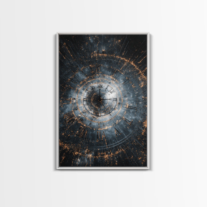 Smoky Spiral Time Clock Wall Art, Roman Numeral Galaxy Poster, Cosmic Framed Canvas Print, Dark Modern Office Decor Gift