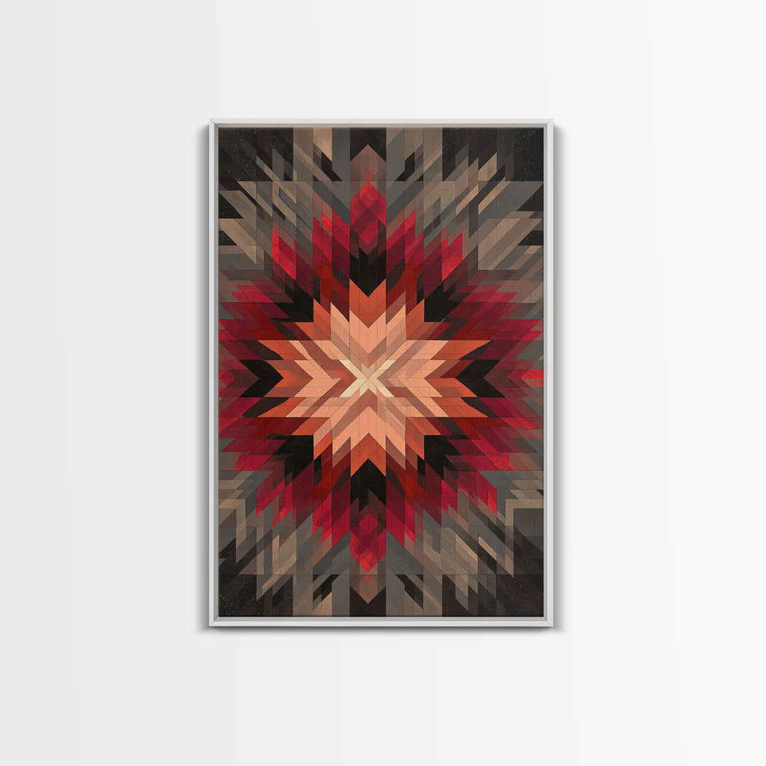 Red Gray Southwestern Starburst, Framed Canvas Print, Geometric Wall Art, Bold Abstract Decor, Rustic Modern Living Room Poster