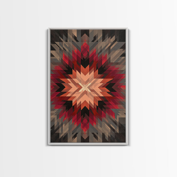 Red Gray Southwestern Starburst, Framed Canvas Print, Geometric Wall Art, Bold Abstract Decor, Rustic Modern Living Room Poster