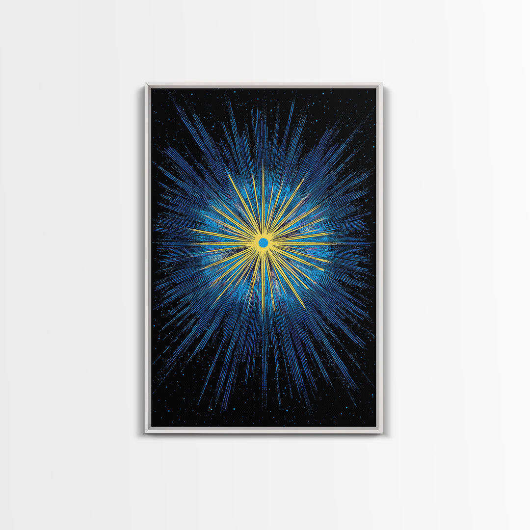 Blue Yellow Cosmic Starburst Wall Art, Space Abstract Art, Modern Digital Art, Retro Sci Fi Poster, Kids Room Decor, Large Print
