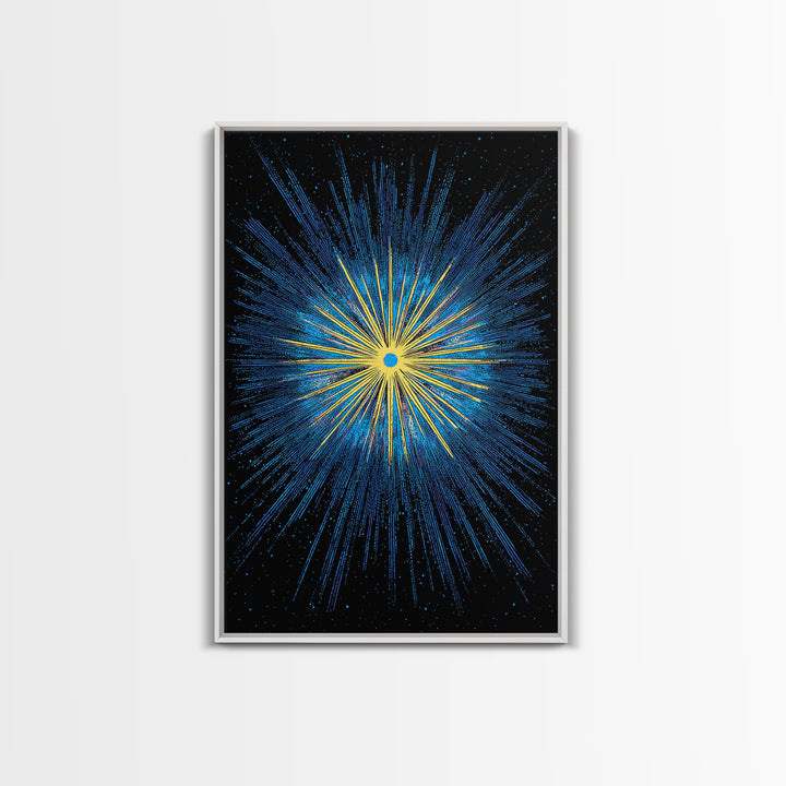 Blue Yellow Cosmic Starburst Wall Art, Space Abstract Art, Modern Digital Art, Retro Sci Fi Poster, Kids Room Decor, Large Print