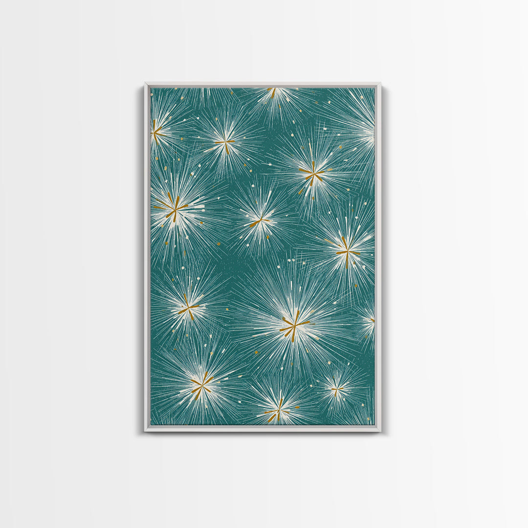 Teal Atomic Starburst Pattern Wall Art, Midcentury Modern Art Print, Retro Wall Decor, Gold White Abstract Home Decor Print