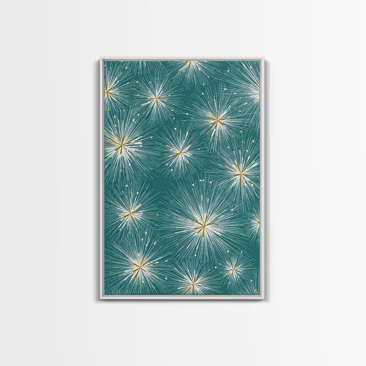 Teal Atomic Starburst Pattern Wall Art, Midcentury Modern Art Print, Retro Wall Decor, Gold White Abstract Home Decor Print