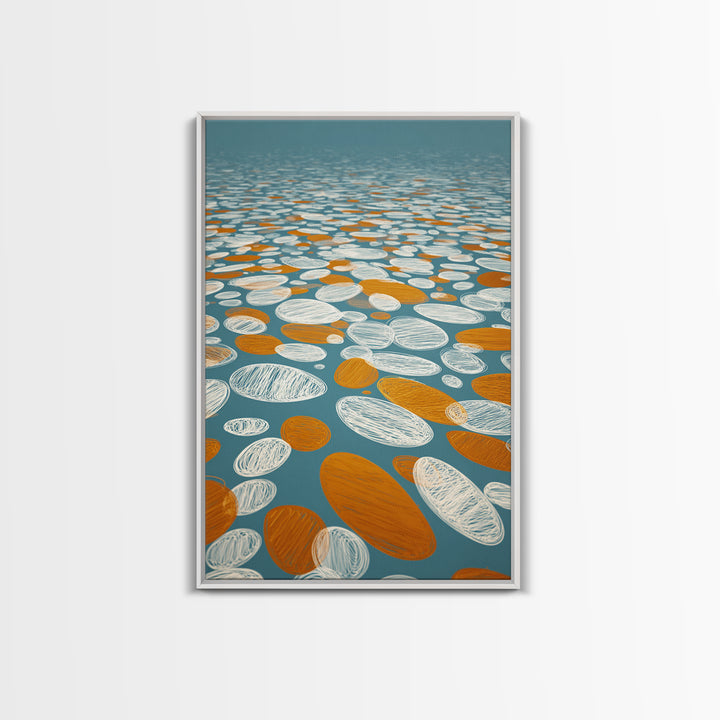 Orange White Floating Pebble Wall Art, Modern Abstract Art Print, Retro Geometric Decor, Blue Coastal Perspective Poster