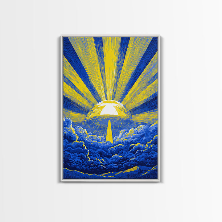 Blue Yellow Celestial Sunburst Canvas Print, Mid Century Modern Wall Decor, Abstract Sun Rays, Cosmic Retro Poster For Living Room
