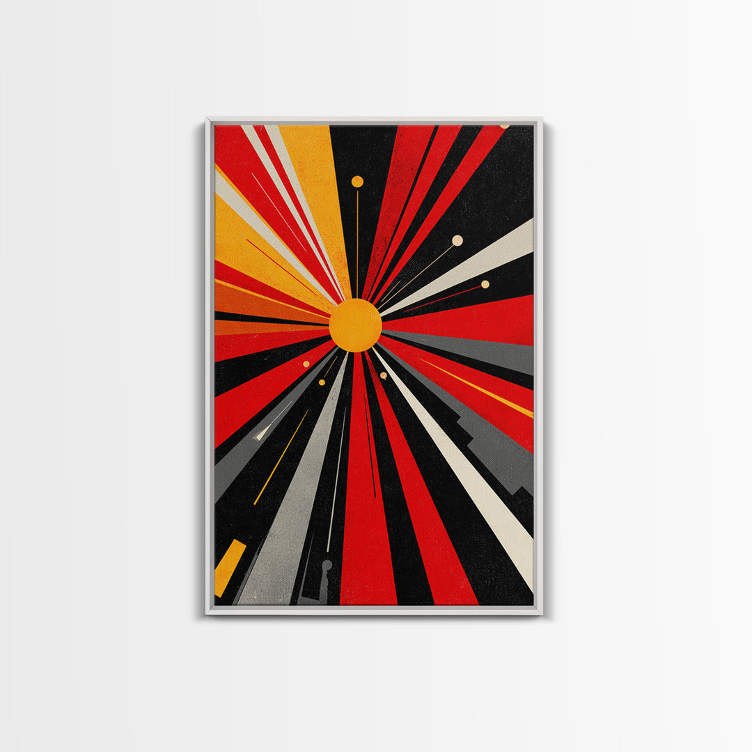 Atomic Red Black Starburst Canvas Print, Mid Century Modern Abstract Wall Art, Geometric Space Poster, Retro Bauhaus Decor