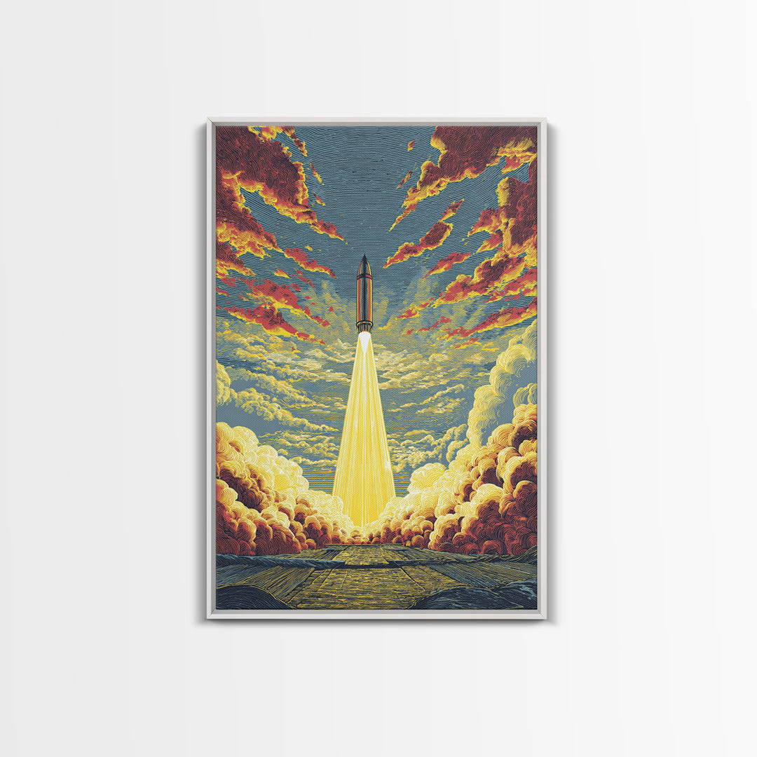 Golden Rocket Launch Framed Canvas Print, Mid Century Modern Space Wall Art, Retro Sci Fi Poster, Dramatic Cloudscape Decor