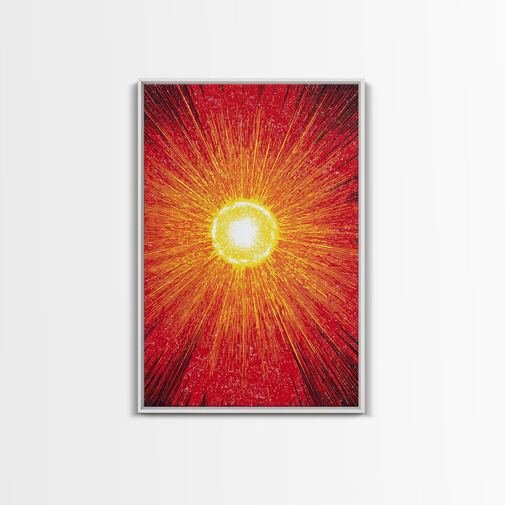 Blazing Red Solar Sun Wall Art, Mid Century Modern Abstract Poster, Orange Yellow Energy Rays, Atomic Retro Decor Print Gift