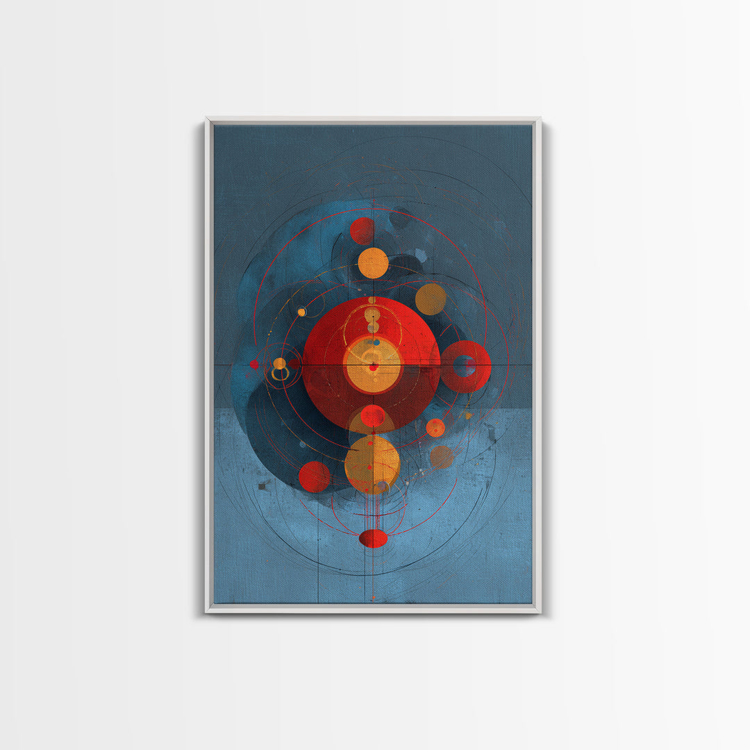 Blue Red Orbital Geometry Canvas Print, Mid Century Modern Abstract Wall Art, Atomic Circles Poster, Bauhaus Home Decor Gift