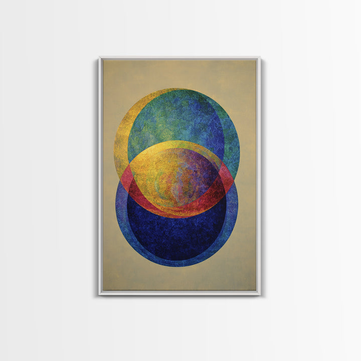 Overlapping Circle Geometry Framed Canvas Print, Mid Century Modern Abstract Wall Art, Colorful Bauhaus Decor, Textured Poster