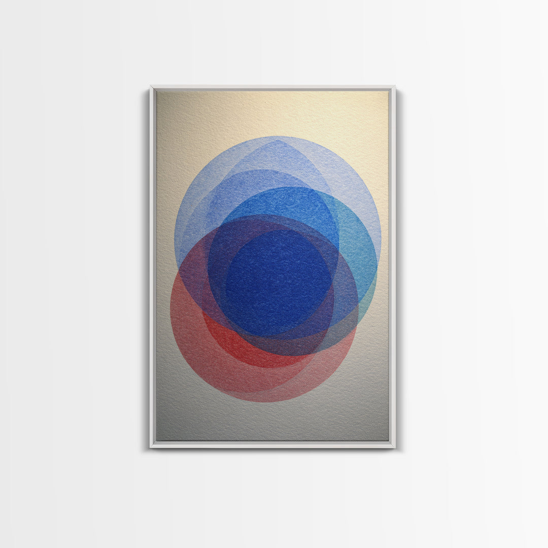 Soft Blue Red Overlapping Circles Framed Canvas Print, Minimalist Midcentury Modern Wall Art, Geometric Bedroom Decor, Blue Art Print