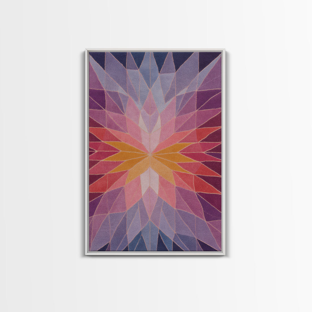Pink Orange Faceted Star Flower Canvas Print, Midcentury Modern Abstract Art, Geometric Wall Decor For Bedroom Living Room
